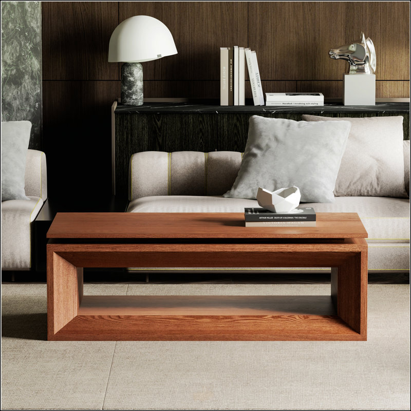 Table basse à plateau relevable avec rangement et hauteur réglable, placage en bois massif, parfaite pour les espaces de vie modernes