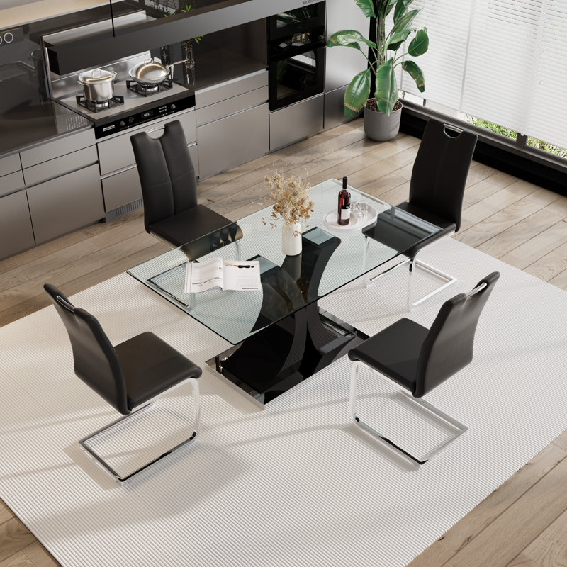 Klinges Pedestal Dining Set, 5, Black, Black/Silver