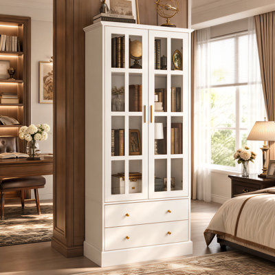 Vitrine autoportante de 70,1 po de hauteur avec portes en verre trempé, 4 tablettes et 2 tiroirs