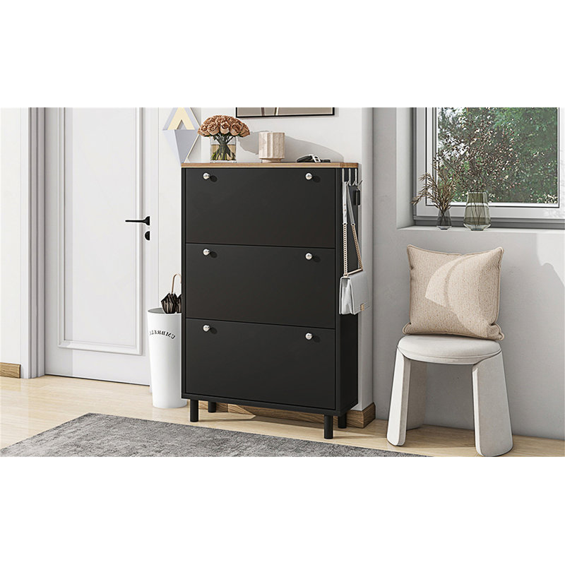Narrow Design Shoe Cabinet With 3 Flip Drawers, Wood Grain Pattern Top Entryway Organizer With 3 Hooks, Free Standing Shoe Rack With Adjustable Panel For Hallway