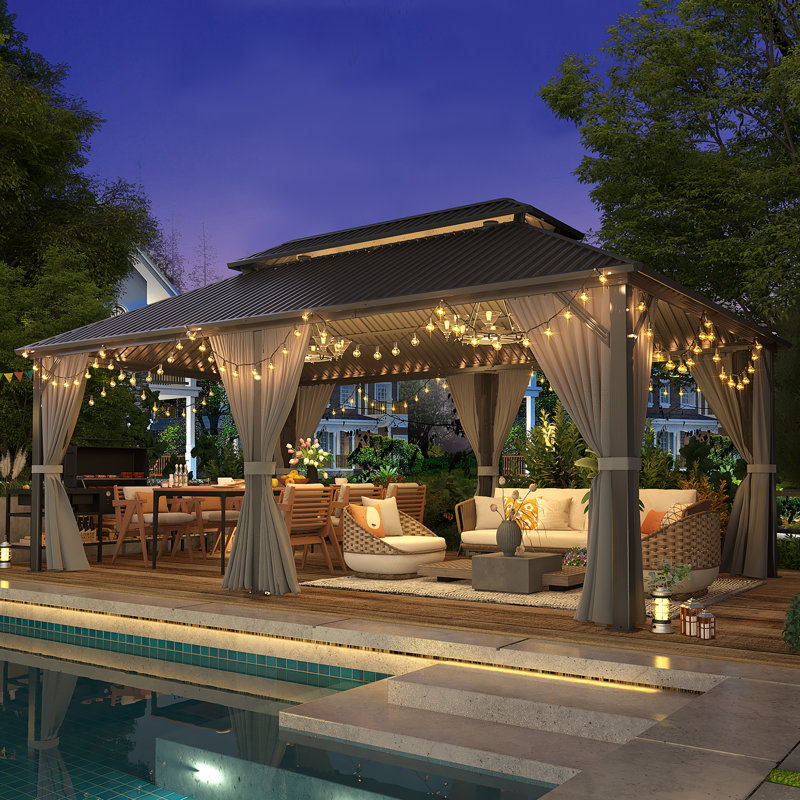 Gray Aluminum Hardtop Gazebo with Galvanized Steel Roof, Nettings and Curtains, 119" H x 220" W x 146" D 