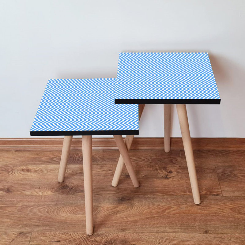 Modern Chevron Nesting Table Set (2 Pieces), Blue & White, 13.8 x 18.5 x 13.8 inches & 13.8 x 16.5 x 13.8 inches | 100% MDF with Beech Wood Legs, Stylish Design for Living Room & Home Office, Durable & Elegant