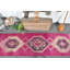 Handmade Vintage Turkish Runner Rug with Pink Geometric Patterns for Bohemian Home Decor Beige/Pink