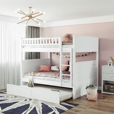 Full Over Full Bunk Bed with Twin Size Trundle, Pine Wood Bunk Bed with Guardrails, White (Old SKU:LT000044AAK)