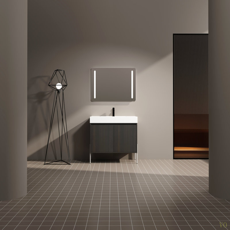 Meuble-lavabo sur pied 36 po avec lavabo en résine, armoire de rangement avec portes à fermeture douce (ensemble KD)
