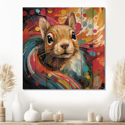 Colorful Pop Art Squirrel Portrait - Squirrel Animal On Wood Print