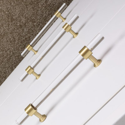 5-Pack Acrylic Cabinet Pulls With Brass Base, Gold Modern Drawer Handles, 5-Inch Hole Centre For Kitchen, Dresser Drawer Clear Glass Crystal Pulls, 7.7-Inch Total Length