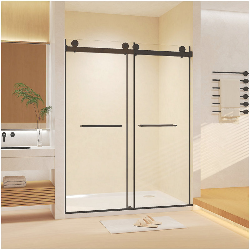 Frameless Double Sliding Shower Door 56-60 "W x 74" H, 5/16 "(8mm) Tempered Glass, Explosion Proof Film, Stainless Steel Handle, Square Tube Track, Matte Black