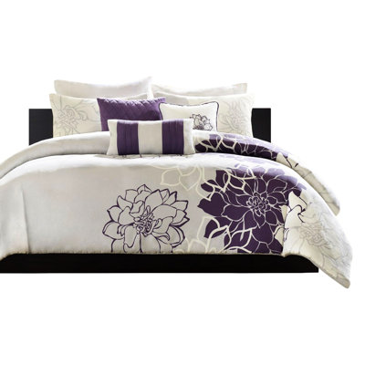 Housse de couette pour lit double / grand lit avec imprimé floral, literie en coton, 2 taies décoratives, 3 coussins décoratifs, fermeture à boutons, attaches de coin intérieures, broderie enveloppante, lavable à la machine, gris / pêche, taupe