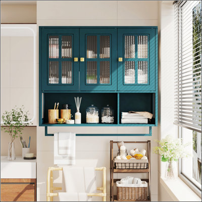 Armoire murale de salle de bain avec 3 portes, rangement ouvert et caché, porte en verre et barre à serviettes pour une utilisation polyvalente dans plusieurs pièces