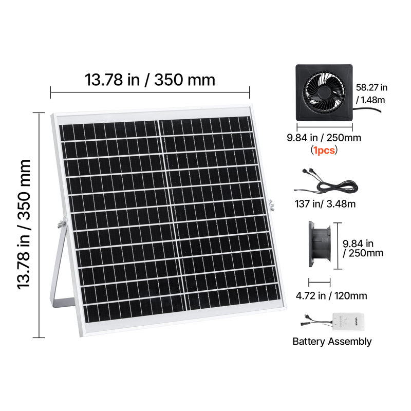 Solar Powered Fan, 20W Solar Panel with Battery Storage, 220 CFM Airflow, Adjustable Panel Angle, 2030 RPM High-Speed, Fast Air Exchange for Greenhouse, Grow Tents, Chicken Coops, Shelters