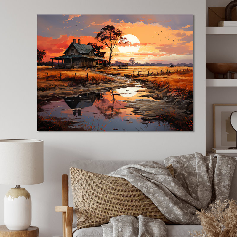 Barns Sunrise Country Charm sur toile, H 12 po x l 20 po x P 1 po, Encadrement doré