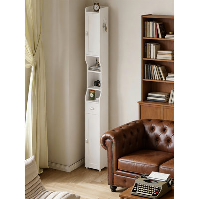 Narrow Tall White Bathroom Cabinet With 2 Doors, 1 Drawer, Adjustable Shelf And Hook