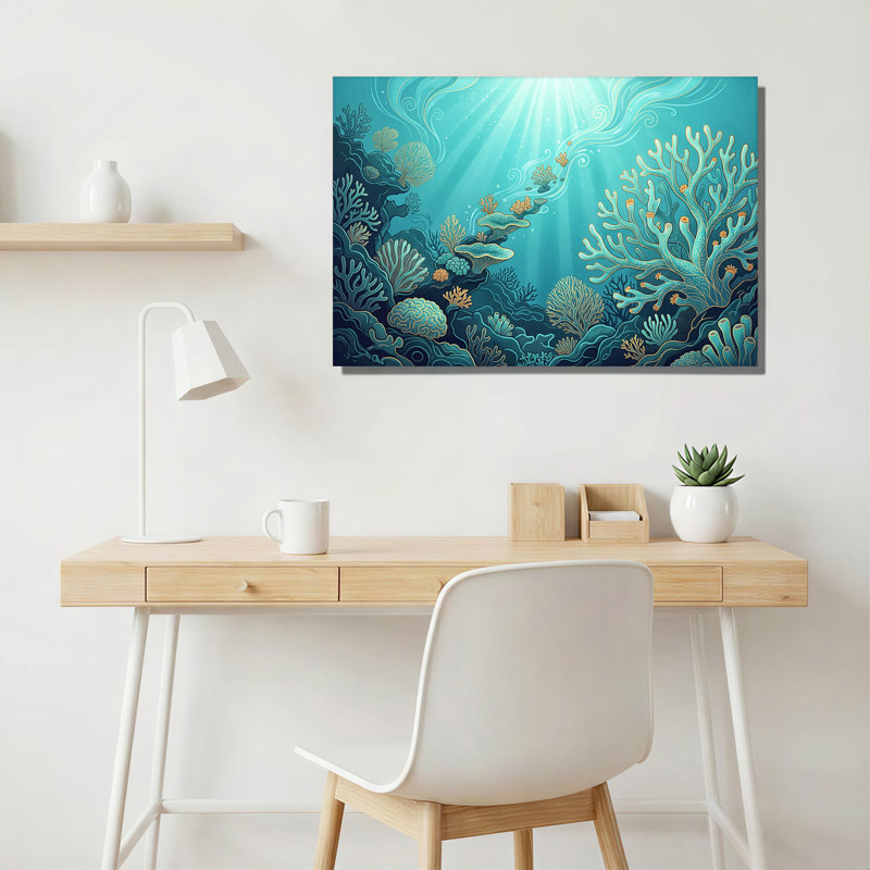 Art mural sur toile bleu sarcelle et récif de corail avec rayons de soleil, 32"H x 48"W
