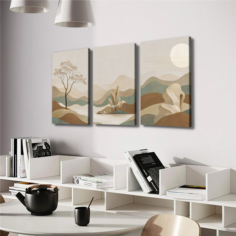 Toile, art abstrait, ligne dorée, paysage de montagne, lune, minimaliste, art mural bohème, 24*36inch*3