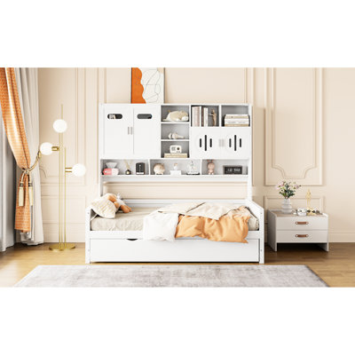 Lit de jour simple avec lit gigogne, armoire et tablette en blanc - Robuste armoire à économie d'espace durable