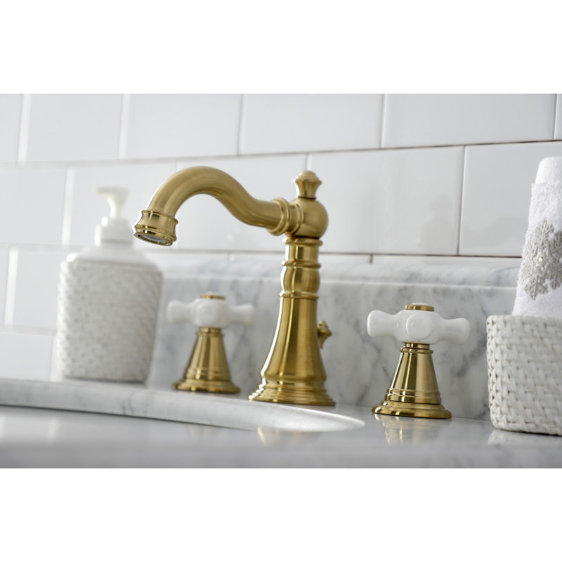 Kingston Brass American Classic Two-Handle 3-Hole Deck Mount Widespread Bathroom Faucet with Pop-Up Drain, Brushed Brass