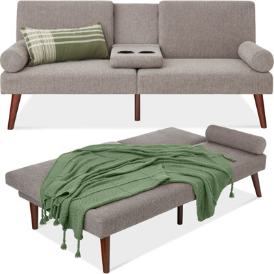 Isamu Fabric Upholstered Convertible Futon w/ Rounded Armrests, Wooden Legs, 2 Cupholders