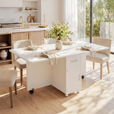 Folding Dining Table For 4-6 People, Space Saving Drop Leaf Kitchen Table With 2 Drawers, 2-Tier Shelves And 6 Wheels