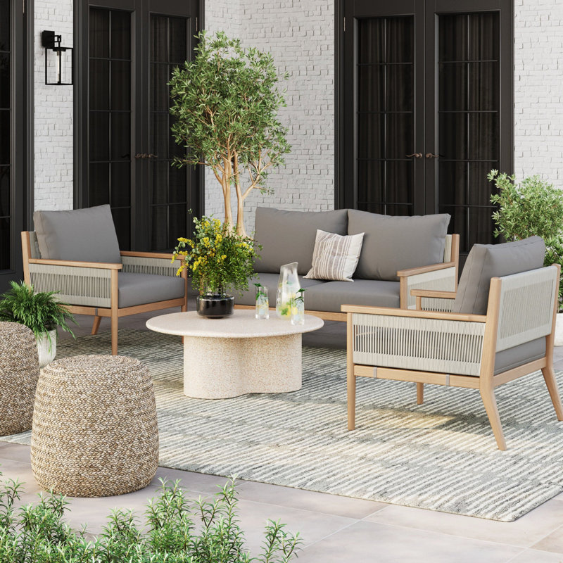 Ensemble de conversation de patio 3 pièces avec cadre en bois d'acacia massif, Gris