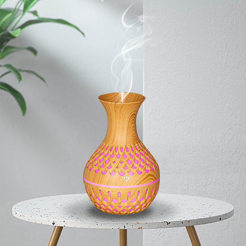 Petit humidificateur de bureau à grain de bois creux et aromathérapie pour la maison et le bureau, Yellow