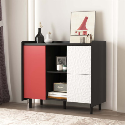 Buffet moderne avec portes rouges, 2 tiroirs et compartiments de rangement ouverts pour la cuisine et la salle à manger