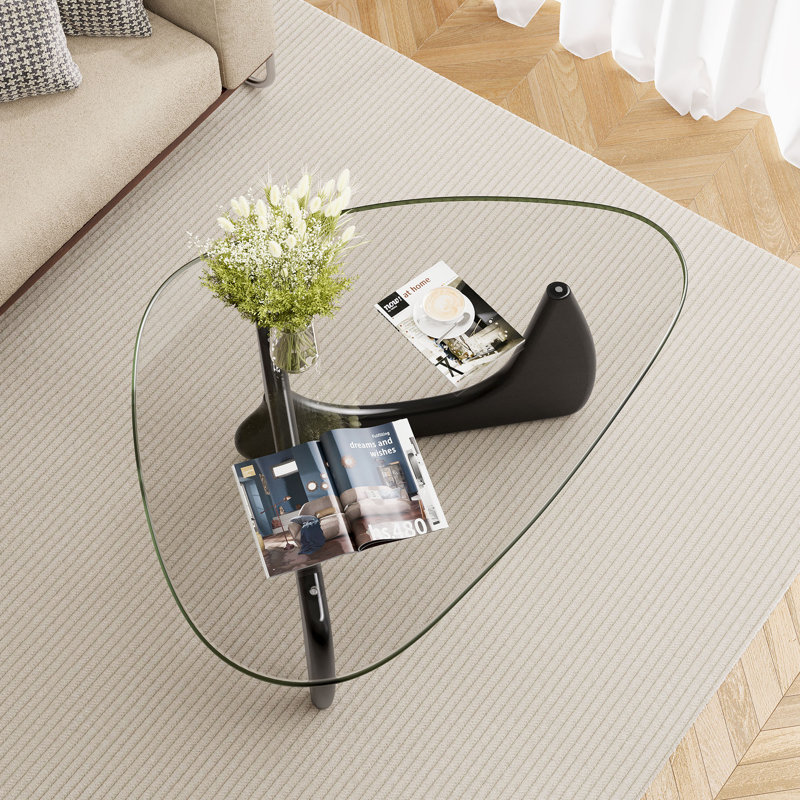 Modern Triangle Glass Coffee Table With Tempered Glass Top And Solid Wood Base, Mid-Century Living Room Center Table, Small Space Coffee Table