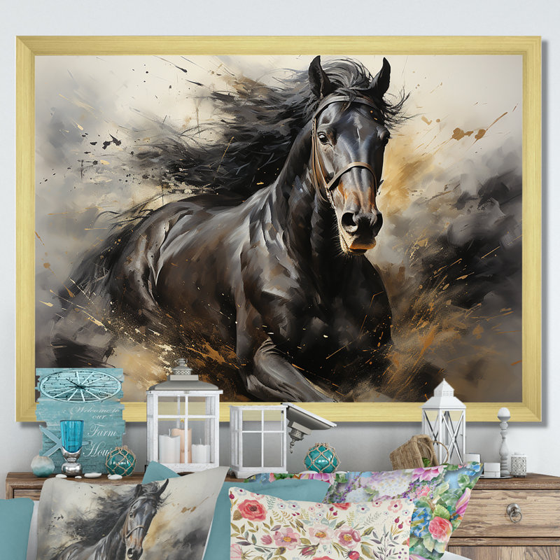 Black Stallion In Motion I - Horse Wall Decor, 34" H x 44" W x 1.5" D, Gold Single Picture Framed