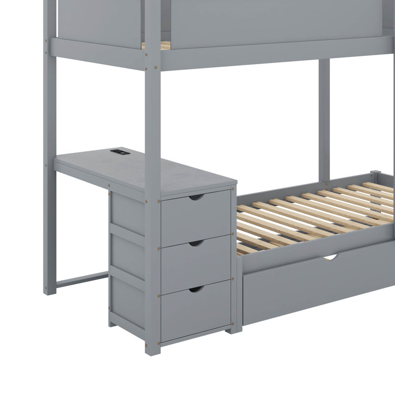 Twin Over Twin Bunk Bed With Trundle And Desk, Gray