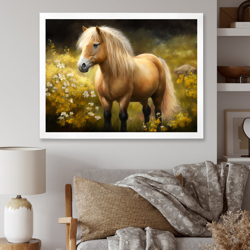 Poney doré dans un pré de fleurs - impression, H 30 po x l 40 po x P 1,5 po, Cadre simple blanc