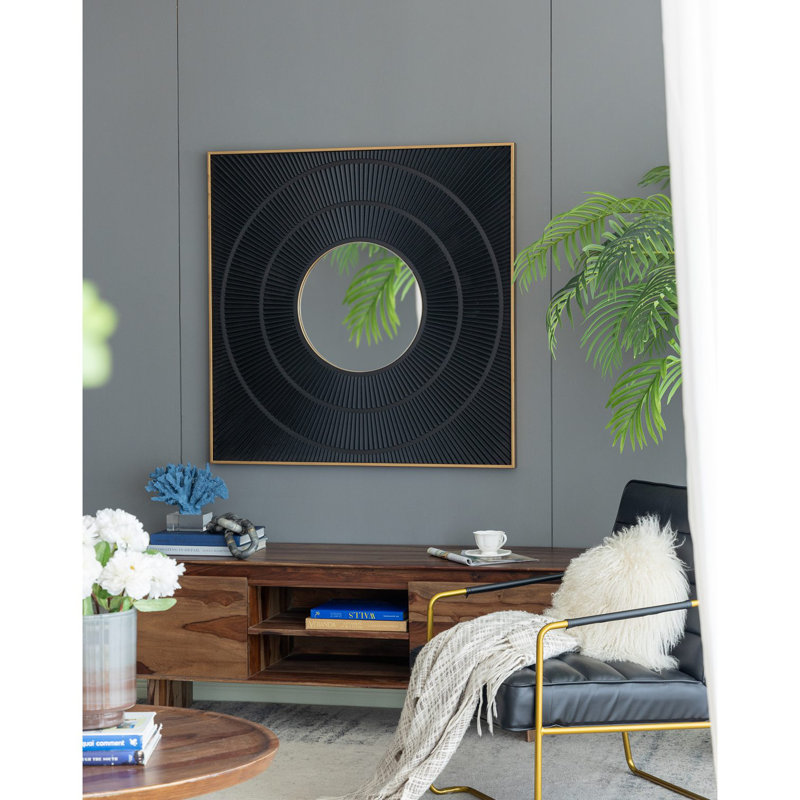 40" X 40" Square Carved Mirror With Pleated Design With Iron Frame, Neutral Colorway Wall Decor For Living Room Bathroom Entryway