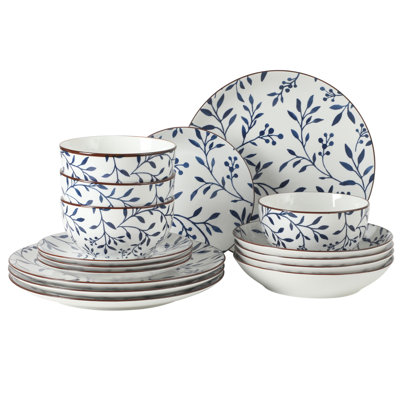 Ensemble de vaisselle de 16 pièces Gibson Home Palace Suite, assiettes et bols en grès à motif floral bleu, service pour 4, ensemble de vaisselle rond durable