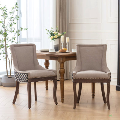 A&A Furniture, Ultra Side Dining Chair, Thickened Fabric Chairs With Neutrally Toned Solid Wood Legs, Bronze Nail Head, Set Of 2, Beige And Patterned,SW2207BG