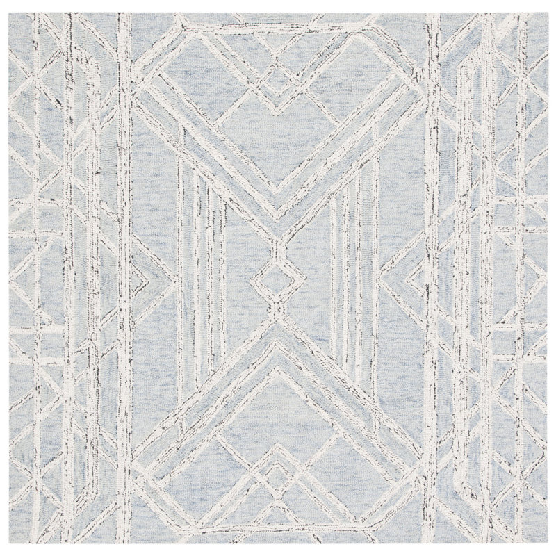 Rosalind Geometric Handmade Tufted Wool and Cotton Light Blue/Ivory Area Rug, Square 5'