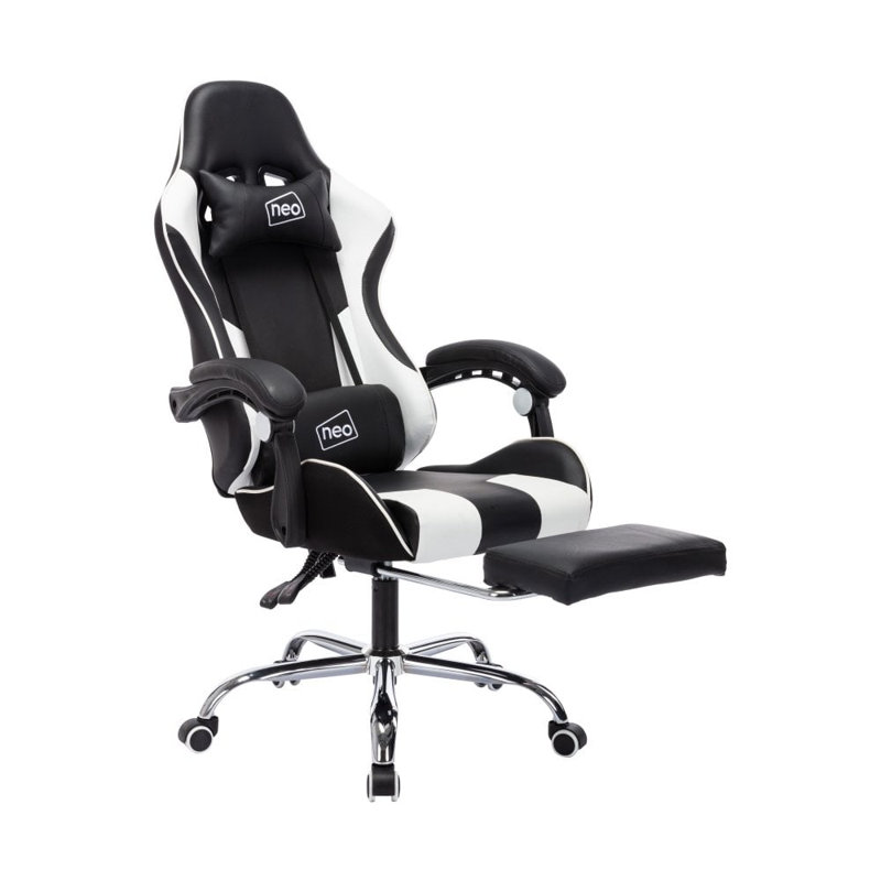 NeoDirect Adjustable Reclining Ergonomic Faux Leather Swiveling PC & Racing Game Chair with Footrest in Black/White, White