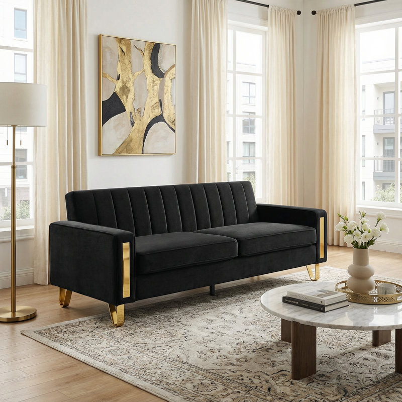 Solid Wood Frame 3 Seater Sofa with Compressed Seat Cushions, Modern Upholstered Couch for Living Room, Black