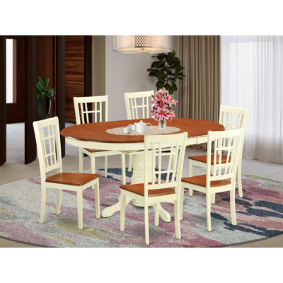 7 Piece Dining Room Table Set Consist of an Oval Wooden Table with Butterfly Leaf and 6 Kitchen Dining Chairs, 42x60 Inch, Buttermilk & Cherry