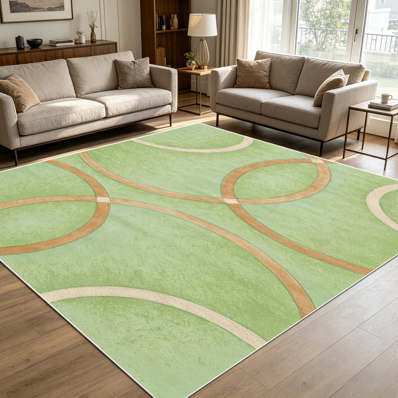 1PC sage green geometric interlocking circle and oval pattern area rugs for Living Room, Soft and Comfortable, Suitable for all seasons, easy-to-maintain, machine washable Indoor floor mat, Under Table Farmhouse suitable for dining table, bedroom,