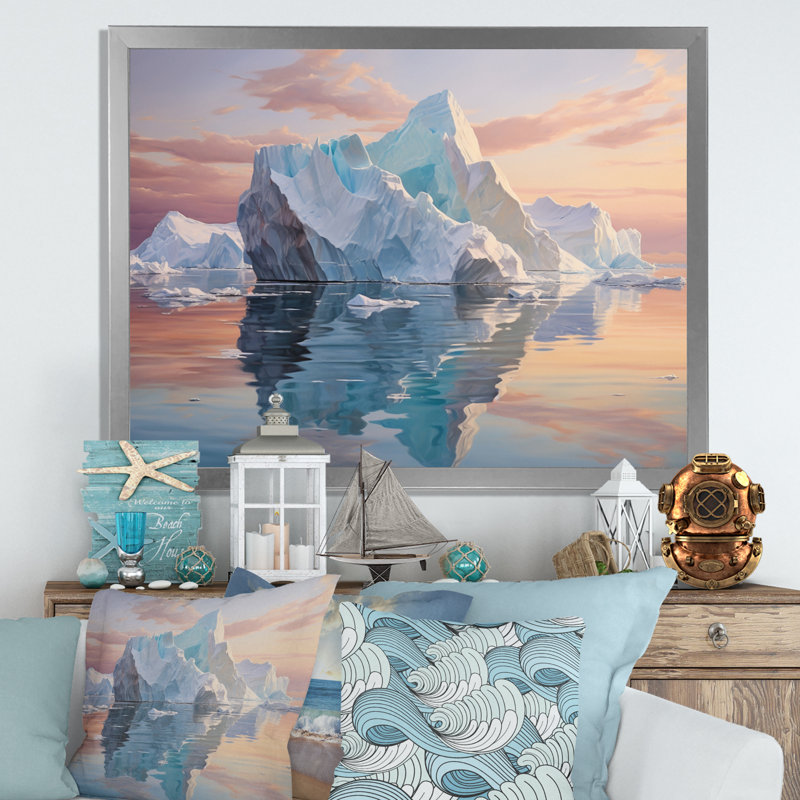 Teal Peach Iceberg Frozen Serenity, Cadre simple argenté, H 16 po x l 32 po x P 1 po