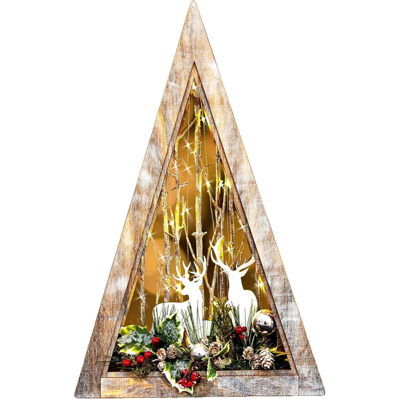 W36xD6.5xH57cm B/O LED Wooden Reindeer Scene Triangle Shape Festive Christmas Tabletop Decoration
