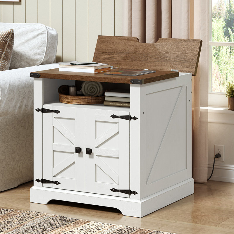 Modern Nightstand With Cabinet & Built-In 2 AC Outlets & 2 USB Ports,End Table with Charging Station, 23.6" Large End Tables for Living Room