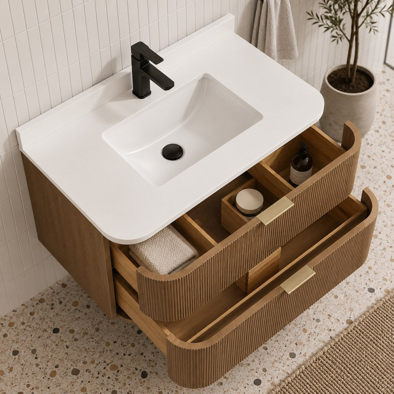 Meuble-lavabo simple 36 po avec plateau en quartz Bulloch, Chêne fumé