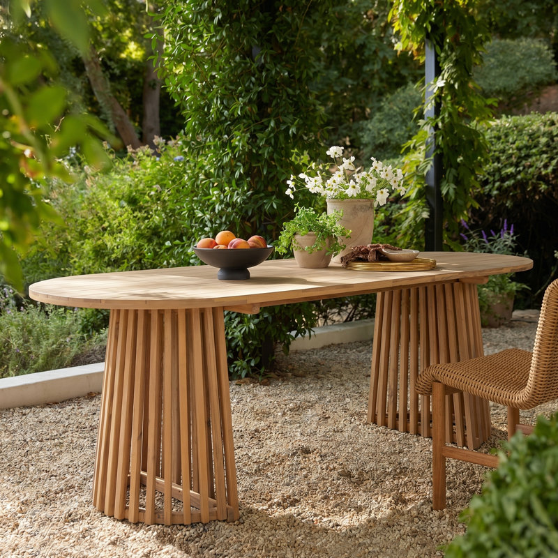 Caelis Modern Coastal Acacia Wood Outdoor Dining Table with 83" Oval Racetrack Top and Dual Slatted Pedestal Bases, Brown