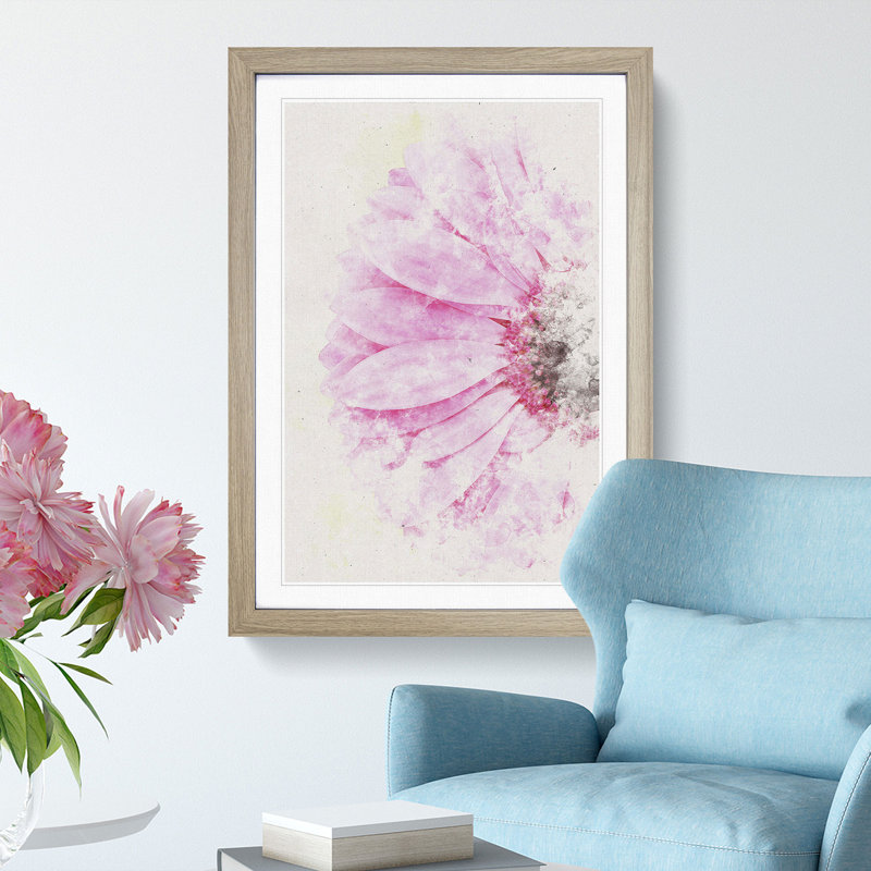 Beauty Of A Pink Gerbera Flower Watercolour - Picture Frame Graphic Art, 63cm H x 45cm W x 2cm D, Oak Framed