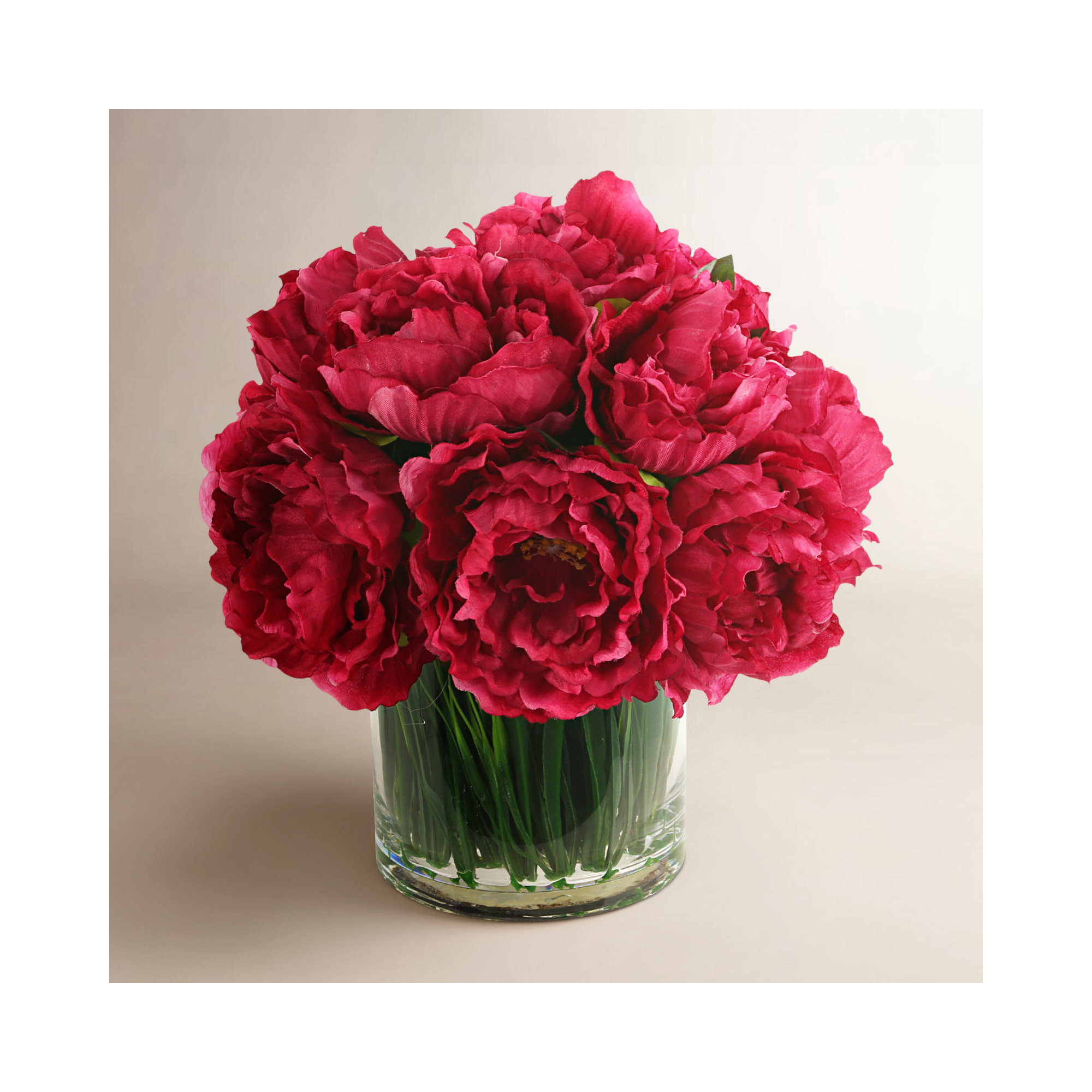 Peony Arrangement in Glass Vase with Grass, Magenta