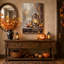 Lanterne lumineuse et citrouilles d'automne sur toile décorative pour l'Halloween-762647050