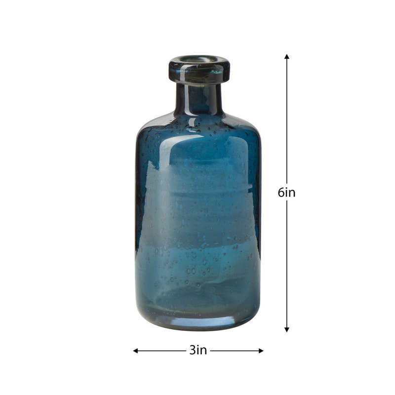 6" Blue Clear Glass Bottle Vase, 6 inch, Blue