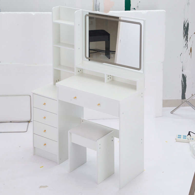 Grande table de chevet 41 po avec tabouret rembourré, miroir DEL à commande tactile, interrupteur 3 couleurs, rangement multicouche, parfait pour les pièces spacieuses