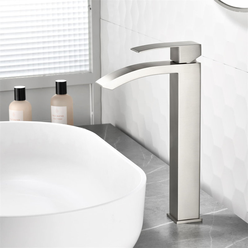 1 Hole Waterfall Bathroom Vessel Faucet With Pop-Up Drain Assembly Single Handle Bathroom Vessel Sink Faucets Modern Stainless Steel High Tall Bathroom Basin Mixer Taps