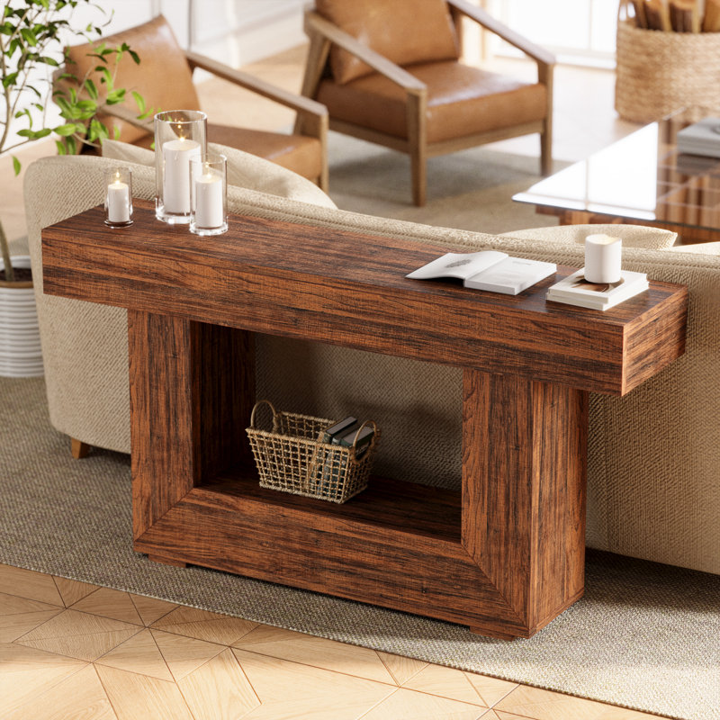  Mia Rustic Console Table With Storage, 55 Inch Farmhouse Wooden Entryway Table For Hallway, Living Room, Foyer